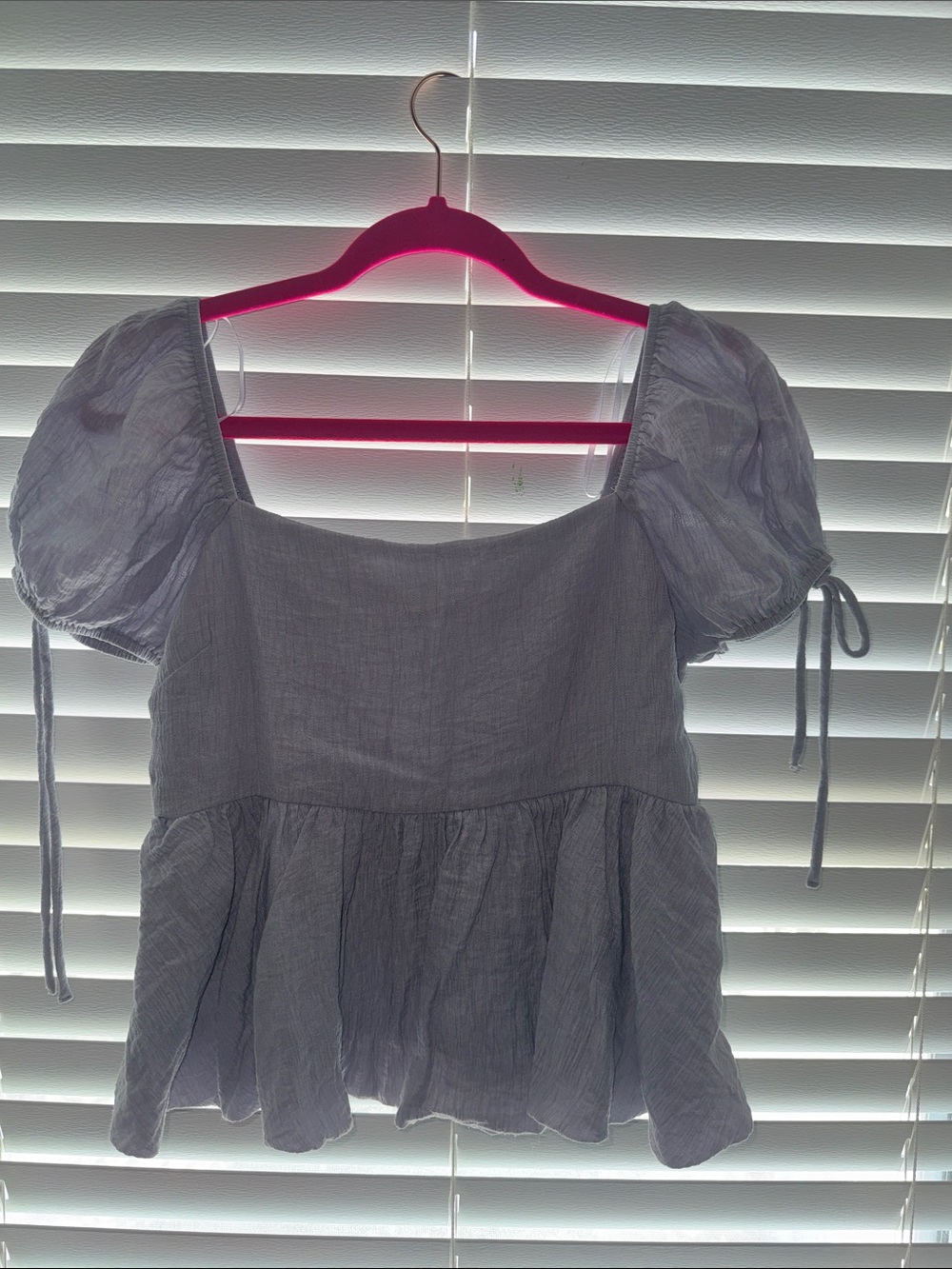 Lavender Puff-Sleeve Peplum Top with Tie Details